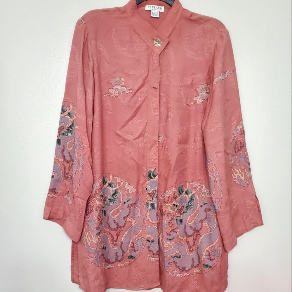 Citron Button Kimono Asian Textured Silk Gypsy Top